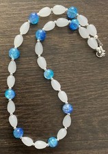 18 Blue Crackle Beads and White Glass Teardrop Necklace
