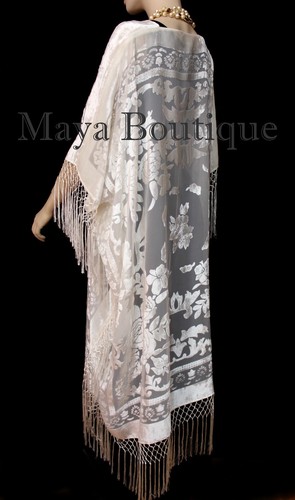 Ivory Kaftan Duster Fringe Jacket Kimono Opera Coat Burnout Velvet Maya Matazaro - Picture 4 of 9