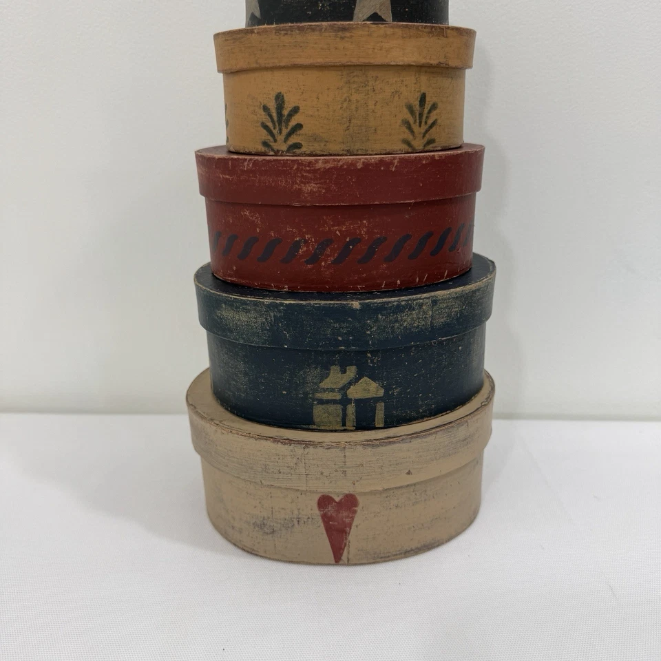 Primitive Cardboard Oval Nesting Boxes Set of 5 With Lids - Image 3 of 4