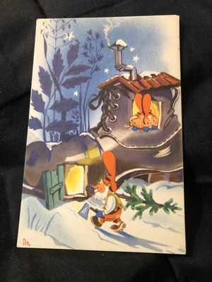 Rare Vintage Postcard God Jul Elf Gnome Sweeden Lives in Shoe Christmas Tree