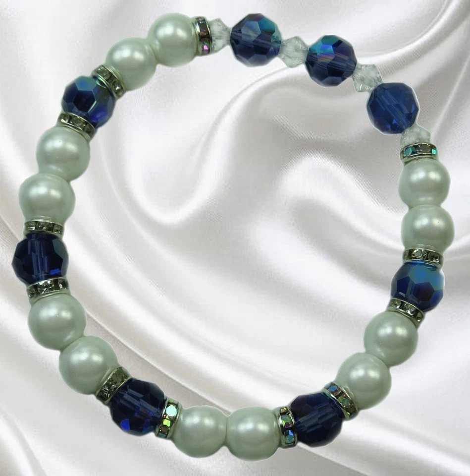 Handmade Beaded Stretch Birthstone Bracelet:White Shell Pearls and Czech Crystal - Image 3 of 4