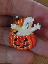 Adorable spooky Enameled Pumkin Ghost Halloween Lapel Pin