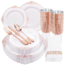 Morejoy 175PCS Rose Gold & Silver Plastic Dinnerware Set: 25 Plates, 25 Forks,
