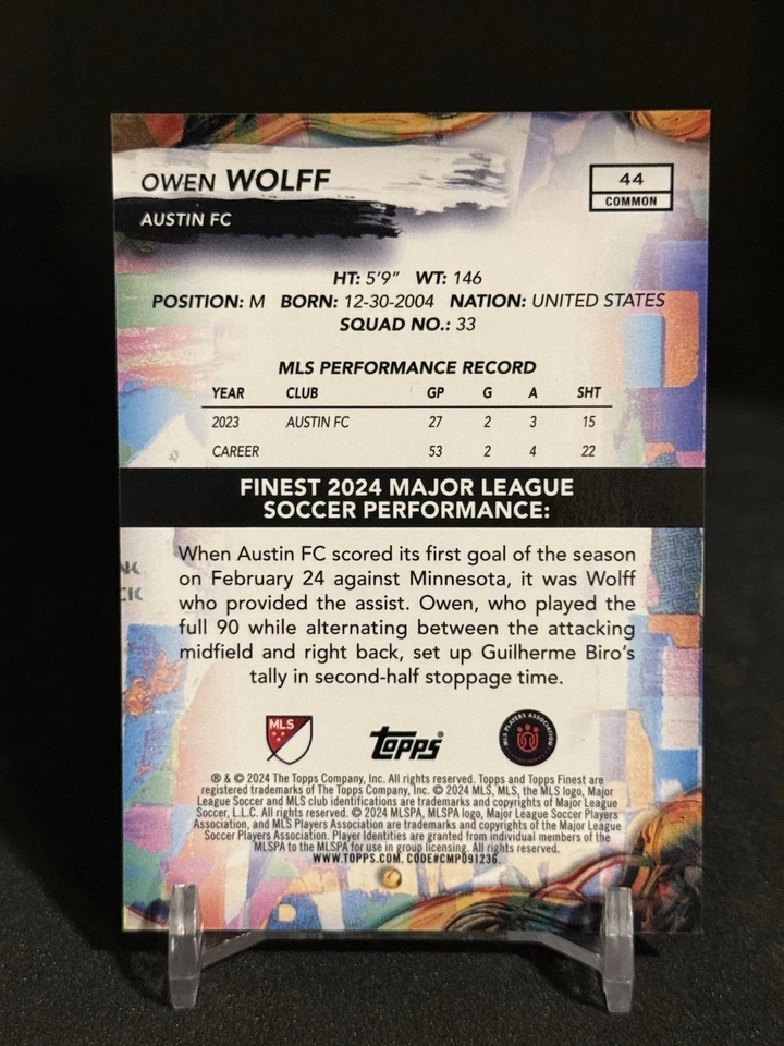 2024 Topps Finest Mls Owen Wolff ORANGE /50 Austin FC - Image 2 of 2