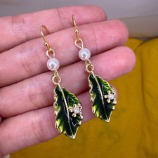 Natural Freshwater Pearl Earrings Bridal 14K Gold Plated Green Leaf Hook Jewelry