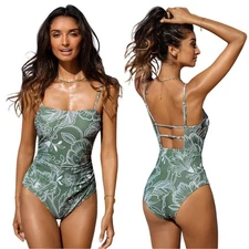 Cupshe Women's Floral Print Shirred Cutout One Piece Swimsuit Green Size Small