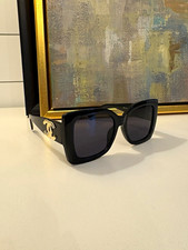 CHANEL Women  s Square Sunglasses Black Plastic Frame Gray Tinted Logo