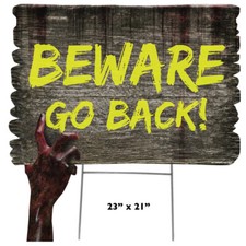 BEWARE Faux Wood Staked Plastic Outdoor Halloween YARD SIGN with Zombie Hand