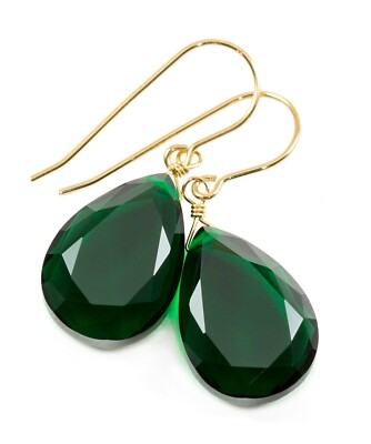 Emerald Green Earrings Simulated Emerald Teardrop Sterling 14k solid gold 