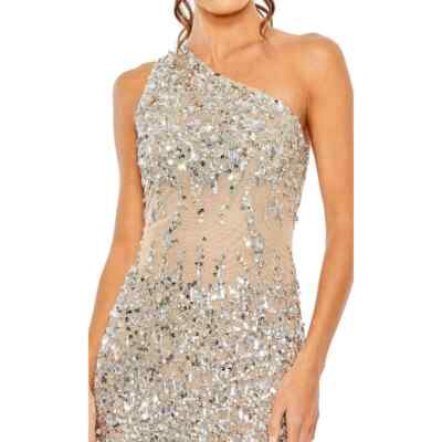 Summer　SALE　① Mac Duggal 10977 Beaded Sheer Waist Cocktail Dress Sleeveless Nude