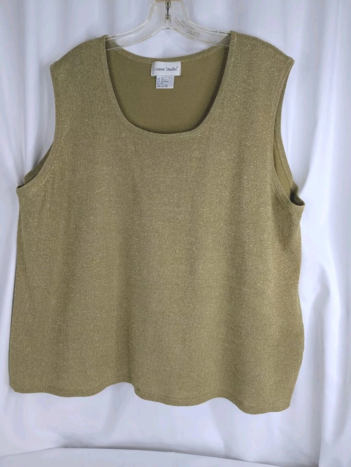 Top dorado brillante Graver Studio metálico sin mangas QVC talla 3X tejido suéter concha Foto 3 de 4