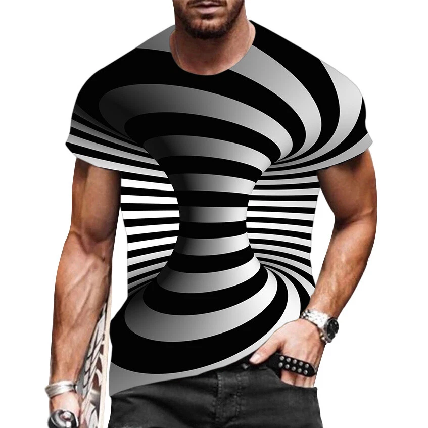 T-Shirt Men 3D Optical Illusion Novelty Short Sleeve Black White Spiral T Shirt