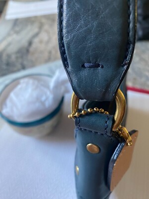 Coach Rare Brass Turquoise Blue Leather Baguette Mini Purse Bag