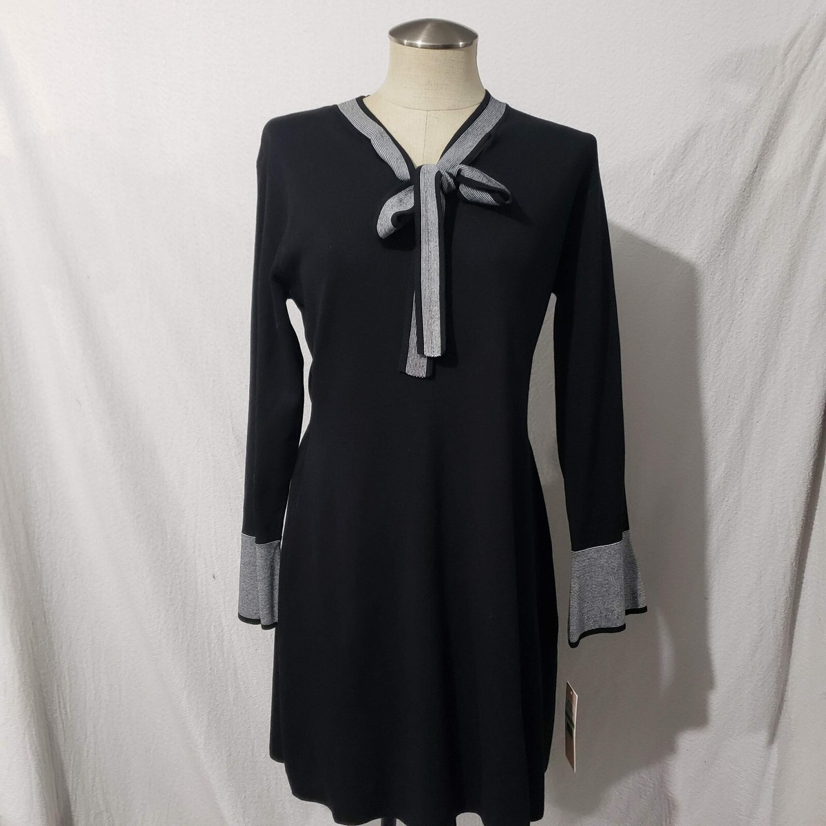 NWT Nanette Lepore Black Knit Dress Gray Accent Knee Length Long Sleeve L |  eBay