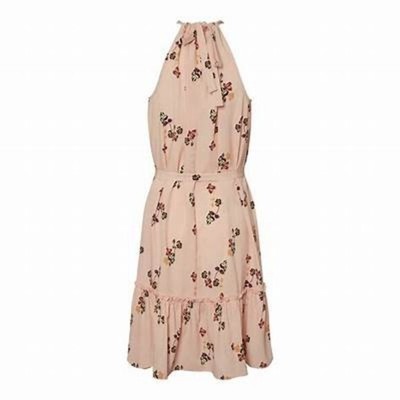NWT Vero Moda Carina Halter Dress Womens Size XS Pink Floral Tie Waist Ruffled