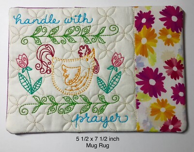 Quilted HANDLE WITH PRAYER Embroidery Lg MUG RUG/COASTER/Topper    