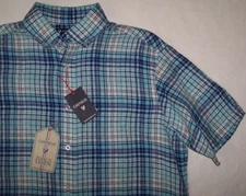 NWT Cremieux 100% French Linen WHITE/NAVY/AQUA BLUE Plaid Camp Shirt Men's M