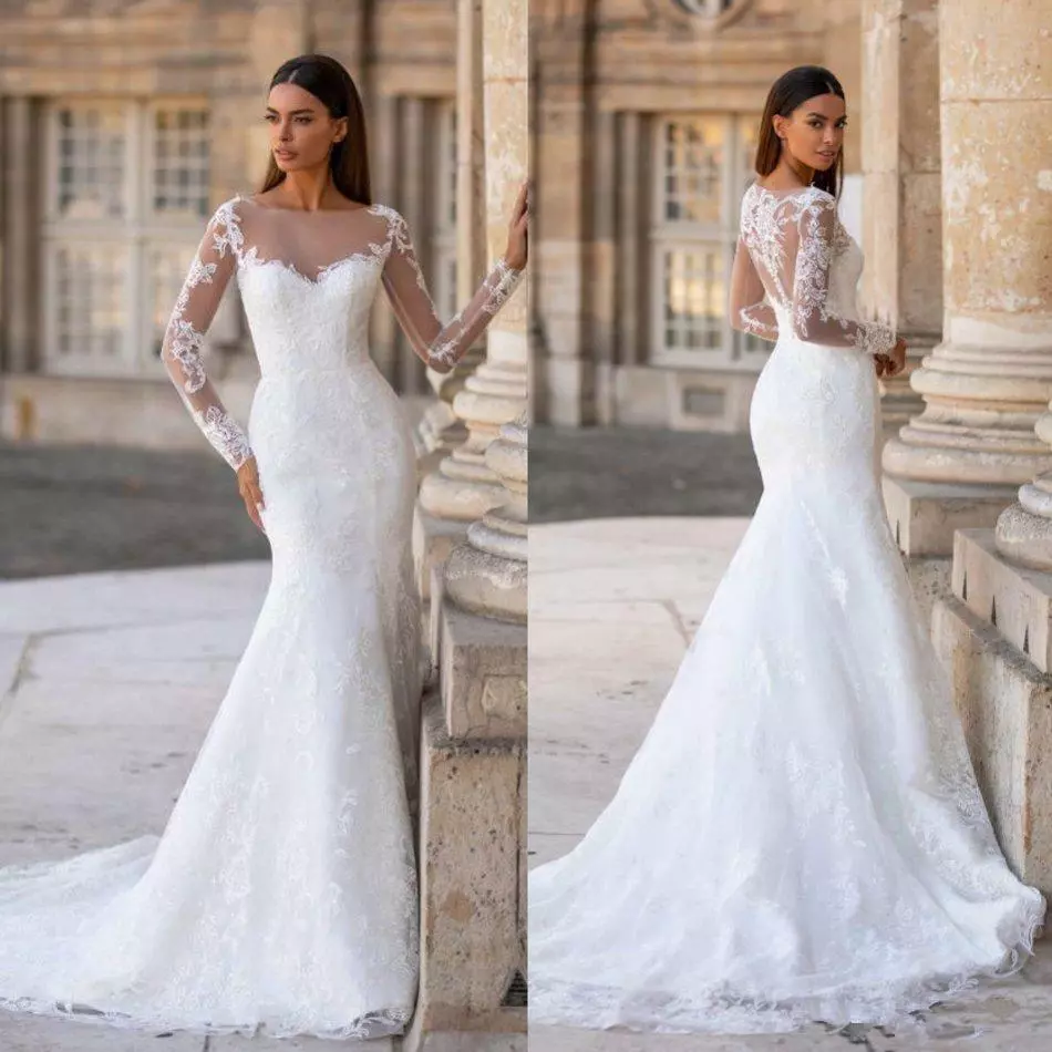 Long Sleeve Wedding Dress Sheer Applique Lace Mermaid Train Bridal