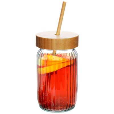 Excellent Houseware Trinkglas mit Bambusdeckel und Trinkhalm Becher Glas 500 ml