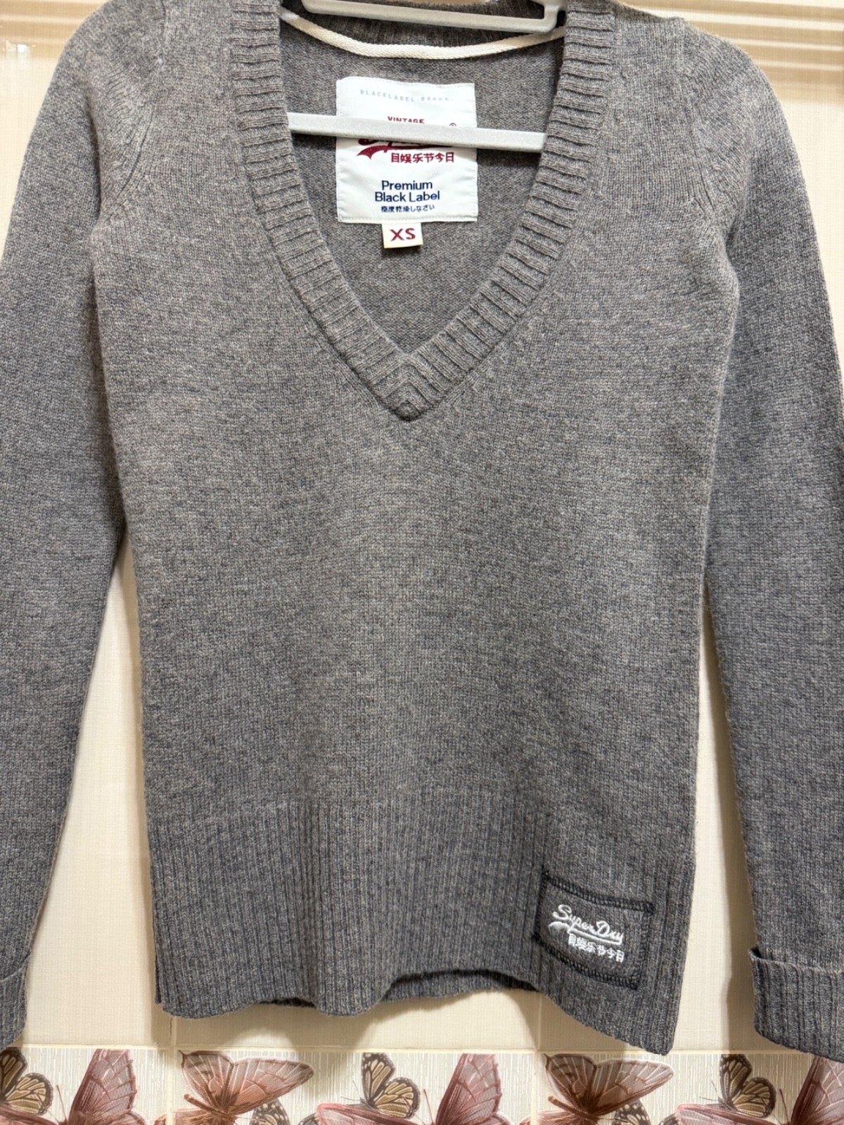 Superdry Lambswool Sweater XS V Neck Gray Premium Black Label Knit Jumper Soft image 10
