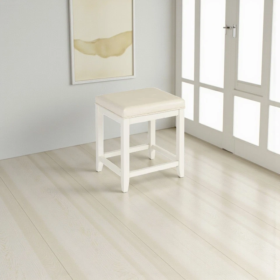 Vanity Stool White Cushioned Seat Hardwood Wood Veneer 15.75 in. x 19.25 in. - Image 4 of 4