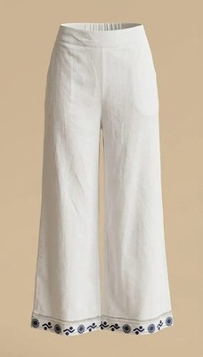 Damen Hose Leinen weites Bein weiß Stickerei blau Meer