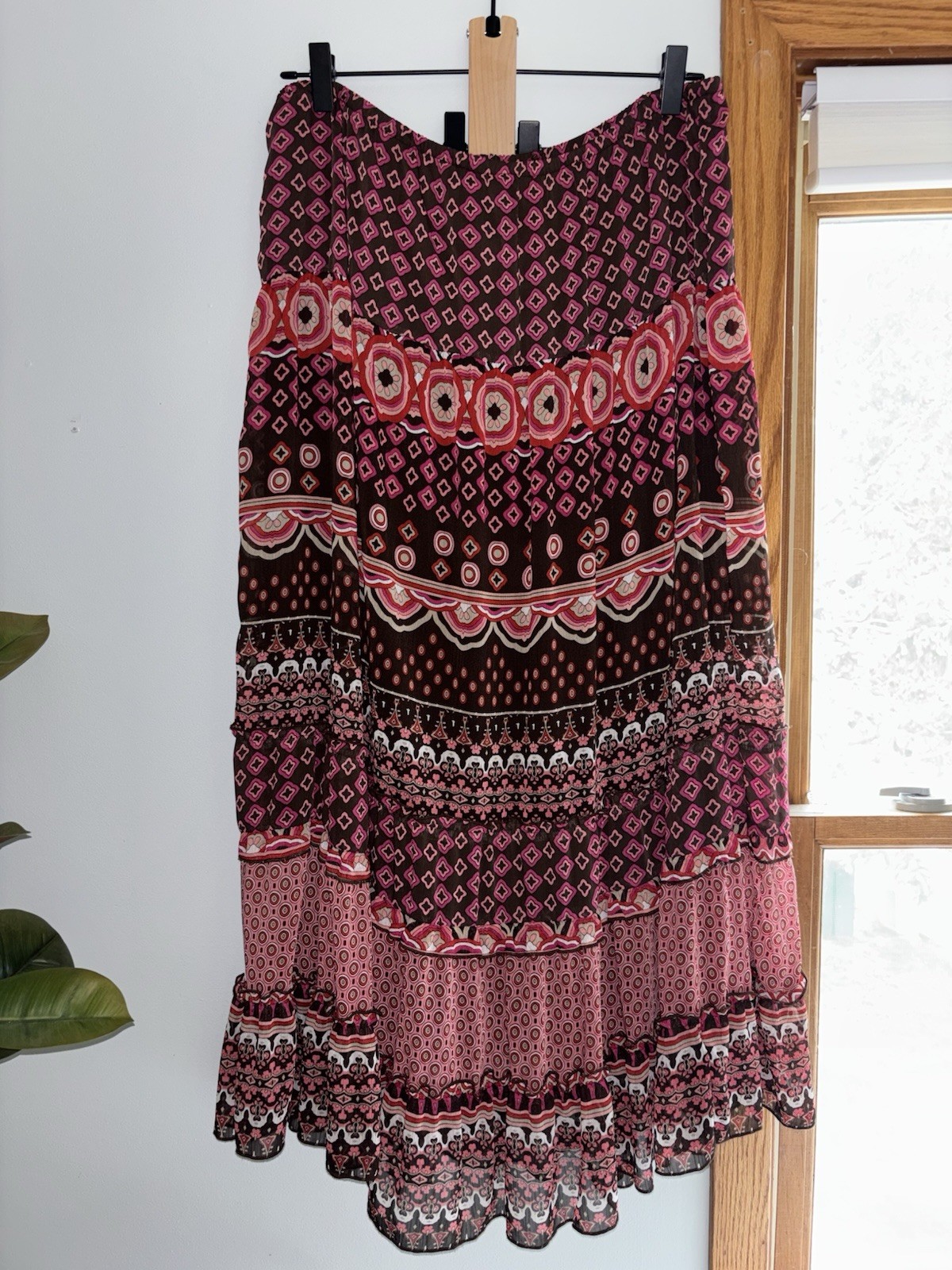 Notations Vintage Y2K Tiered Maxi Skirt Large L Lined Pink Brown Boho Geometric