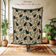 Black Cat Botanical Woven Blanket, Cottagecore Leaf Pattern Throw Cute Cat Mom