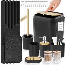 Black Bathroom Accessories Set, Bathroom Set with Shower Curtain and Rugs, Tr...