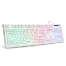 White Gaming Keyboard USB Wired with Rainbow LED Backlit, Floating Keys, Mech...