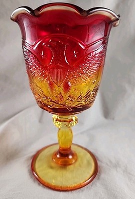 Vintage L.E.Smith Amberina Glass Goblet Eagle And Shield Design Black Light Glow