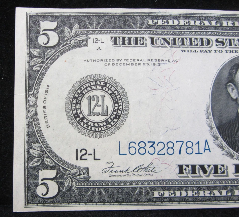 1914 $5 LARGE SIZE FEDERAL RESERVE NOTE - BLUE LABEL - LINCOLN - NICE XF - Image 2 of 4