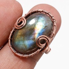 Blue Fire Labradorite Gemstone Wire Wrap Copper Ethnic Jewelry Ring 6.25" PG 535