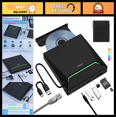 External CD DVD Drive Burner USB 3.0, Ethernet Adapter, 3 USB & 2 TF/SD Ports, O