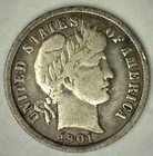 1901 Silver Barber Dime Circulated Very Good Coin VG 10 Cents