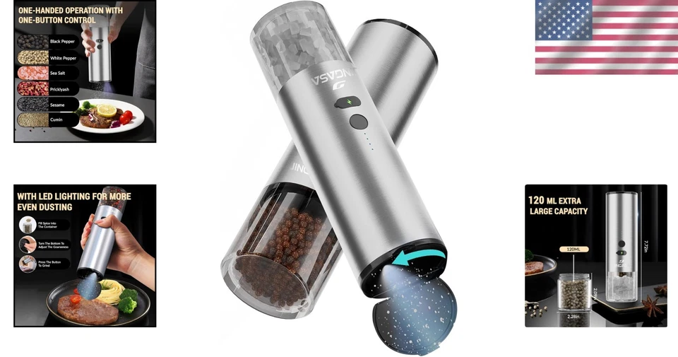 Juego de Molinillo Eléctrico de Sal y Pimienta Jingasa con Gran Capacidad y Recarga USB... Foto 2 de 4