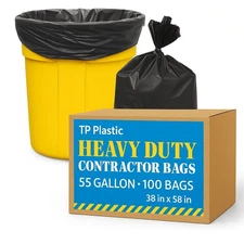 TP Plastic 55-60 Gallon Heavy Duty Black Trash Bags, 100 Garbage Can Liners Bulk