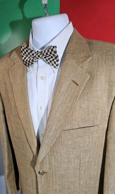 Paul Frederick 40R Tan/gold Herringbone Linen Blazer Jacket + Van Heusen Bow Tie