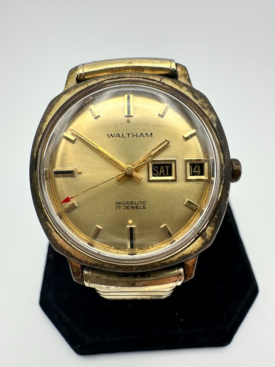 Vtg. WALTHAM Incabloc 17 Jewels, T Swiss Made T, Manual Day-Date
