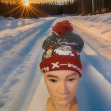 "Santa Reindeer Pom Beanie Hat Merry X-Mas Red Gray Knit Winter Cap Holiday...