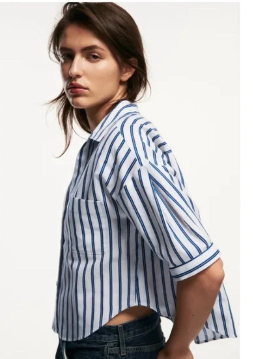 NWT ZARA Classic Short Sleeve Striped Linen Blend Shirt Size XS Green image 6