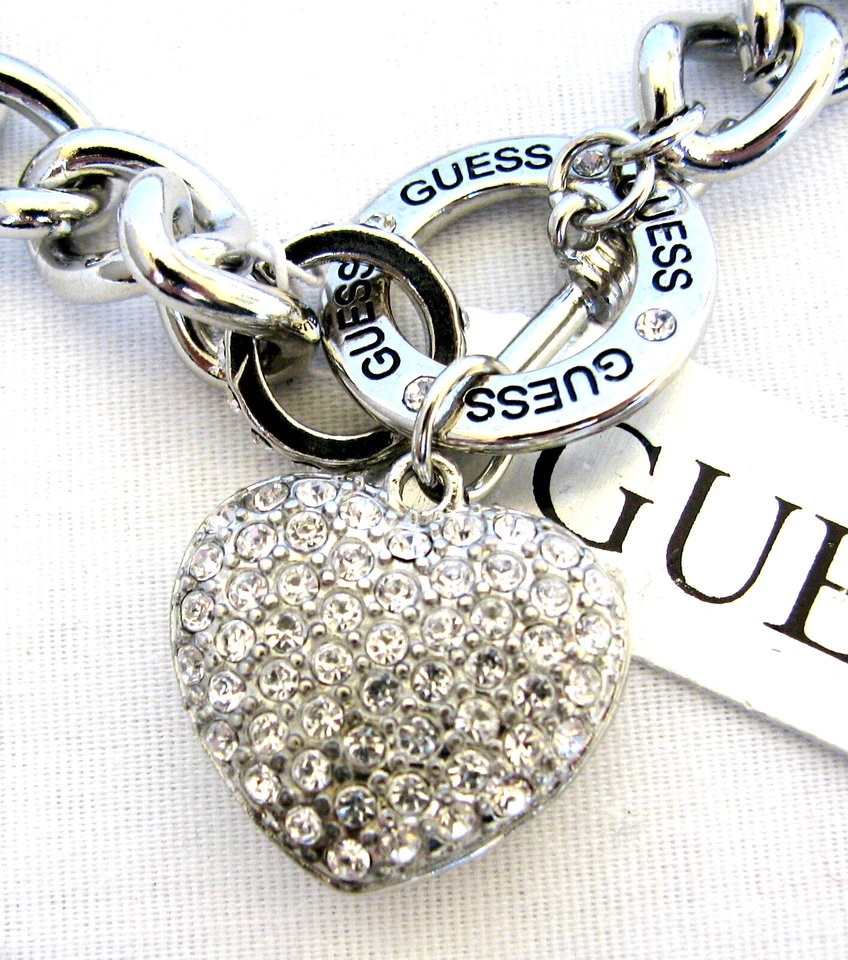 Nuovo Guess Color Argento Catena Bracciale Gonfio Cuore Ciondolo Alternare - Immagine 2 di 2