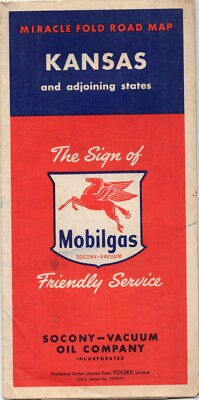 VINTAGE 1950's Socony Mobil Oil Gas Kansas and Adjoining States Road Map