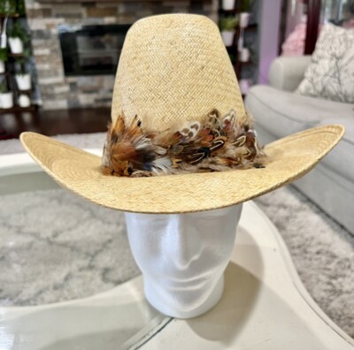 American Hat Company Cowboy Hat Straw With Feathers Size 6 7/8
