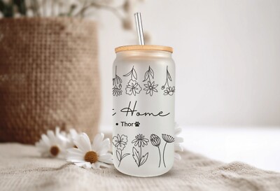 Home Sweet Home Frosted Glass Can With Bamboo Lid 16 Oz Glass Cup by Mugzan