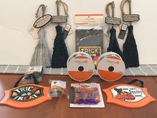 Lot Of Vintage Halloween Decorations of 4 Mini brooms, 2 Rolls Spider ribbons  