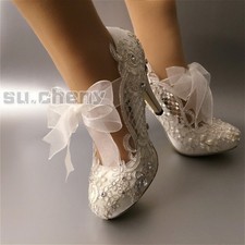 su.cheny 3" 4  heel white ivory satin lace anklet bow Wedding Bridal pumps shoes