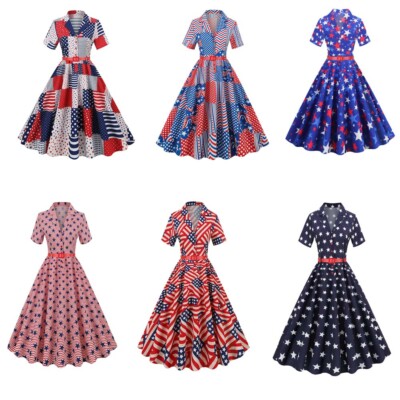 Women American national flag Short sleeve printing High waisted Retro Dress 