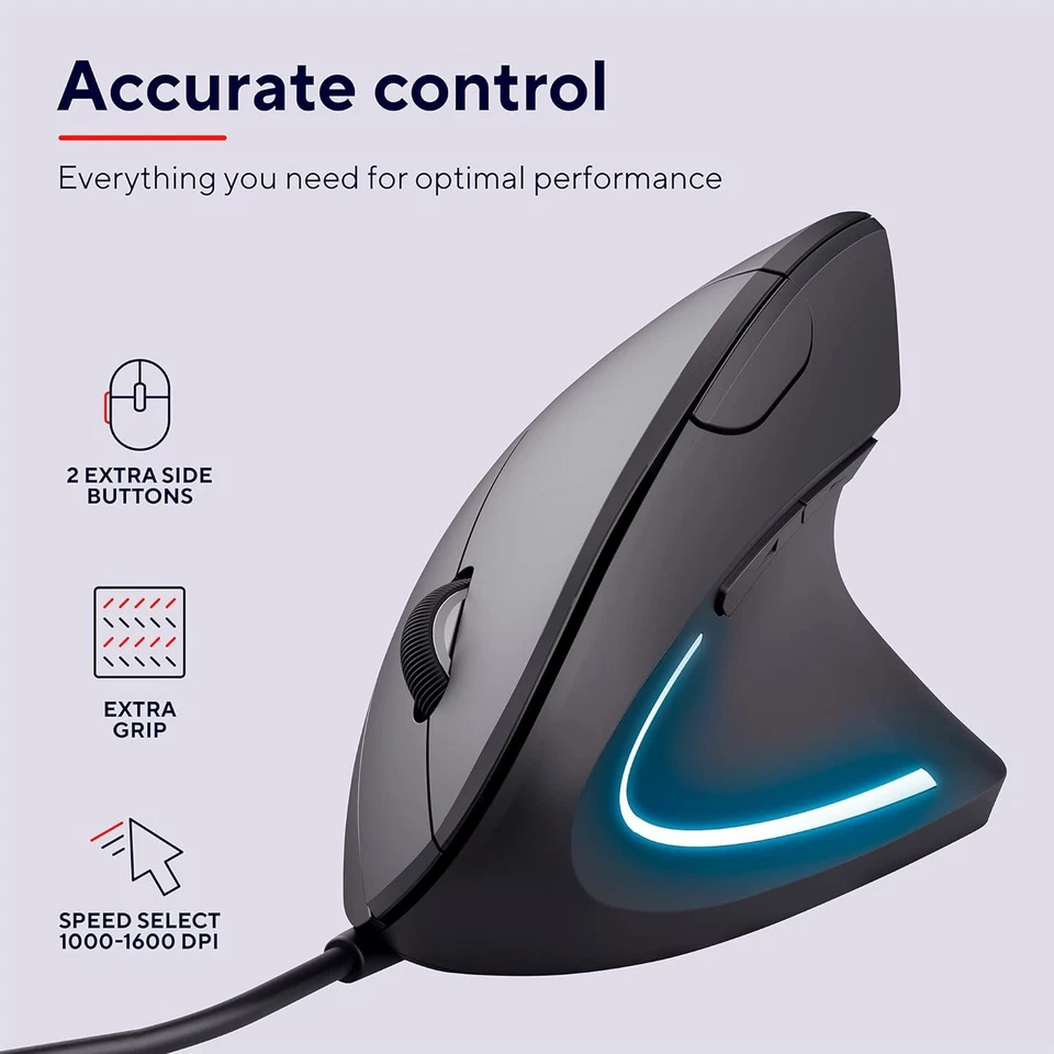 Trust Verto Wired Ergonomic Mouse, Vertical Mouse with LED Illumination, 1000-16 - Image 3 of 4