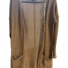 Brown Waffle Knit Long Cardigan with Pockets Size Small